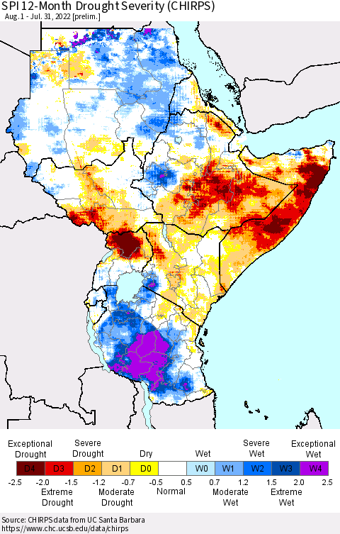 Eastern Africa SPI 12-Month Drought Severity (CHIRPS) Thematic Map For 8/1/2021 - 7/31/2022