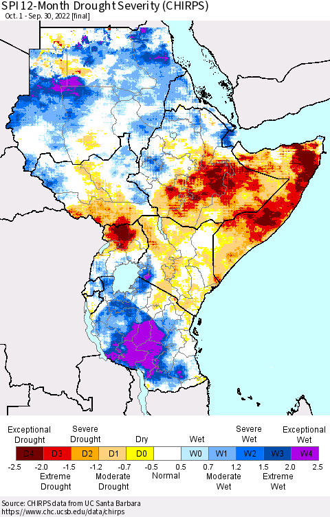 Eastern Africa SPI 12-Month Drought Severity (CHIRPS) Thematic Map For 10/1/2021 - 9/30/2022