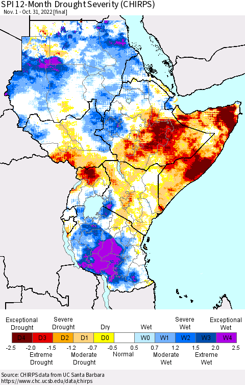 Eastern Africa SPI 12-Month Drought Severity (CHIRPS) Thematic Map For 11/1/2021 - 10/31/2022