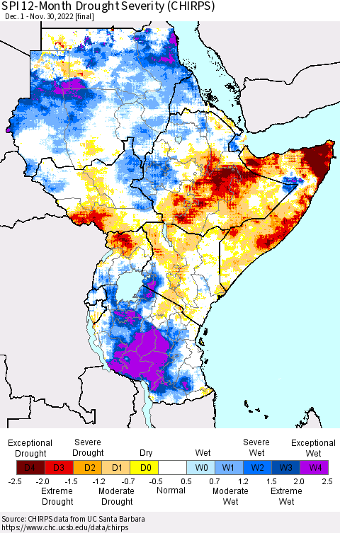 Eastern Africa SPI 12-Month Drought Severity (CHIRPS) Thematic Map For 12/1/2021 - 11/30/2022