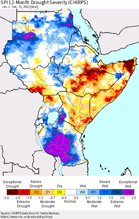 Eastern Africa SPI 12-Month Drought Severity (CHIRPS) Thematic Map For 1/1/2022 - 12/31/2022