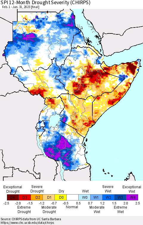 Eastern Africa SPI 12-Month Drought Severity (CHIRPS) Thematic Map For 2/1/2022 - 1/31/2023