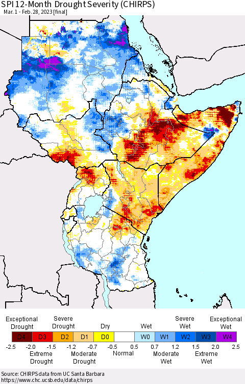 Eastern Africa SPI 12-Month Drought Severity (CHIRPS) Thematic Map For 3/1/2022 - 2/28/2023