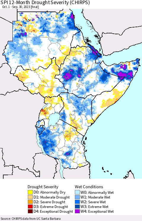 Eastern Africa SPI 12-Month Drought Severity (CHIRPS) Thematic Map For 10/1/2022 - 9/30/2023