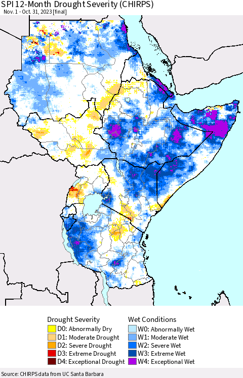 Eastern Africa SPI 12-Month Drought Severity (CHIRPS) Thematic Map For 11/1/2022 - 10/31/2023