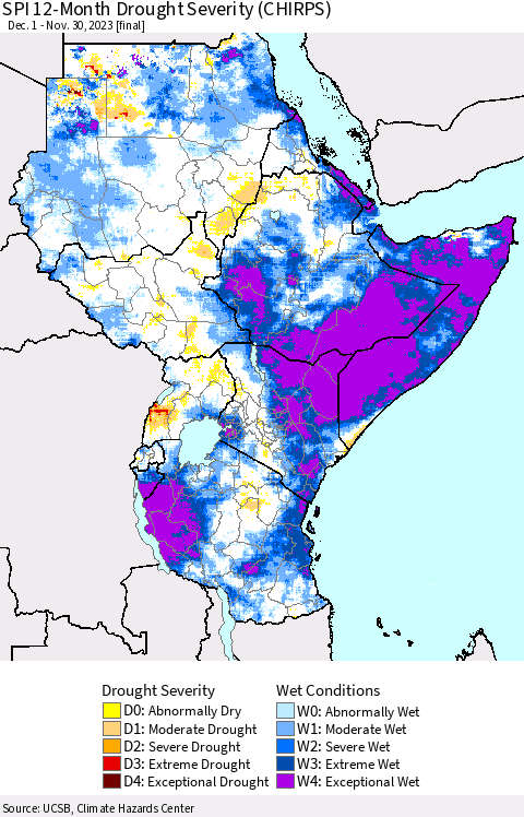 Eastern Africa SPI 12-Month Drought Severity (CHIRPS) Thematic Map For 12/1/2022 - 11/30/2023