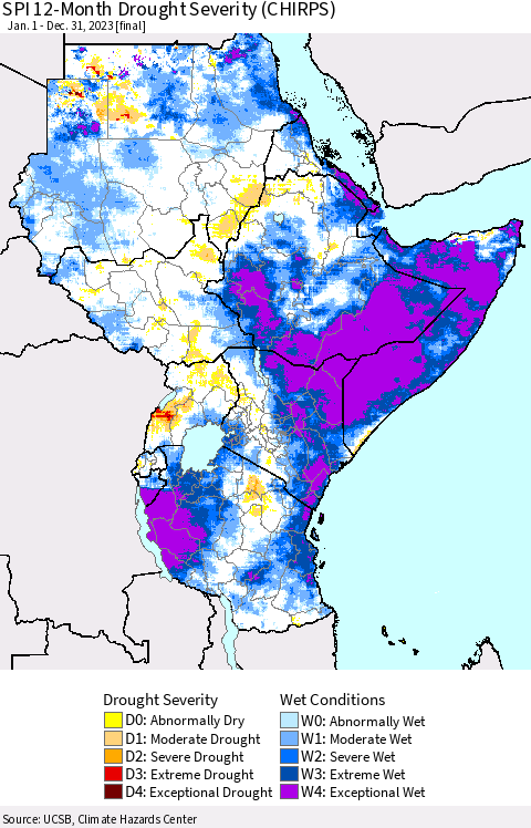 Eastern Africa SPI 12-Month Drought Severity (CHIRPS) Thematic Map For 1/1/2023 - 12/31/2023