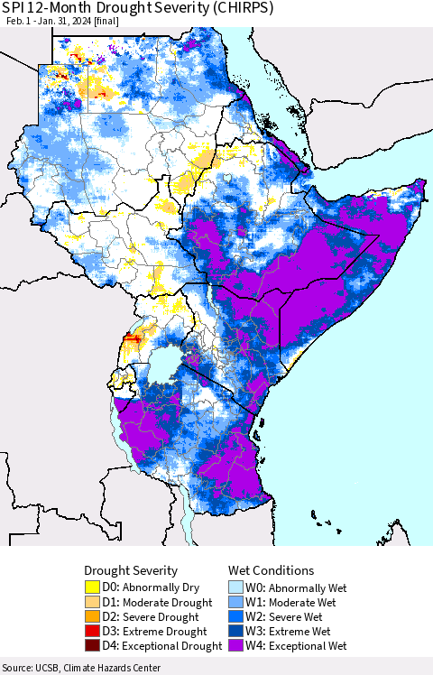 Eastern Africa SPI 12-Month Drought Severity (CHIRPS) Thematic Map For 2/1/2023 - 1/31/2024