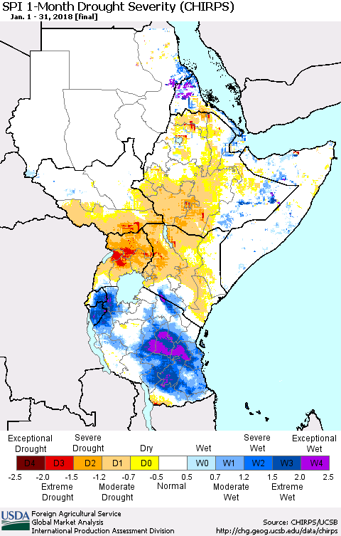 Eastern Africa SPI 1-Month Drought Severity (CHIRPS) Thematic Map For 1/1/2018 - 1/31/2018