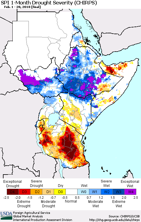 Eastern Africa SPI 1-Month Drought Severity (CHIRPS) Thematic Map For 2/1/2018 - 2/28/2018