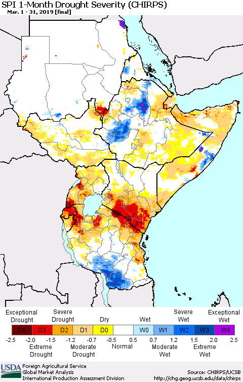Eastern Africa SPI 1-Month Drought Severity (CHIRPS) Thematic Map For 3/1/2019 - 3/31/2019