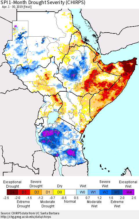 Eastern Africa SPI 1-Month Drought Severity (CHIRPS) Thematic Map For 4/1/2019 - 4/30/2019