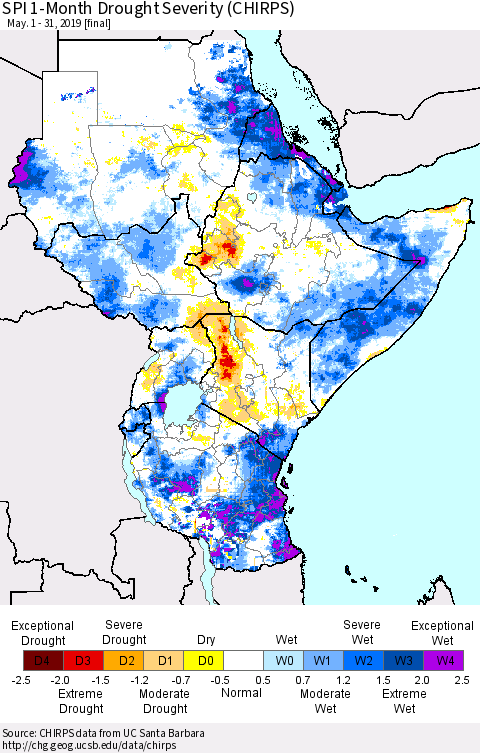 Eastern Africa SPI 1-Month Drought Severity (CHIRPS) Thematic Map For 5/1/2019 - 5/31/2019