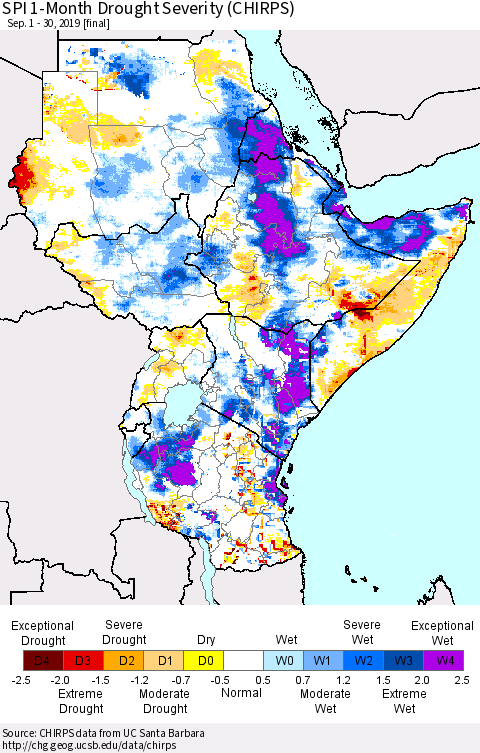 Eastern Africa SPI 1-Month Drought Severity (CHIRPS) Thematic Map For 9/1/2019 - 9/30/2019