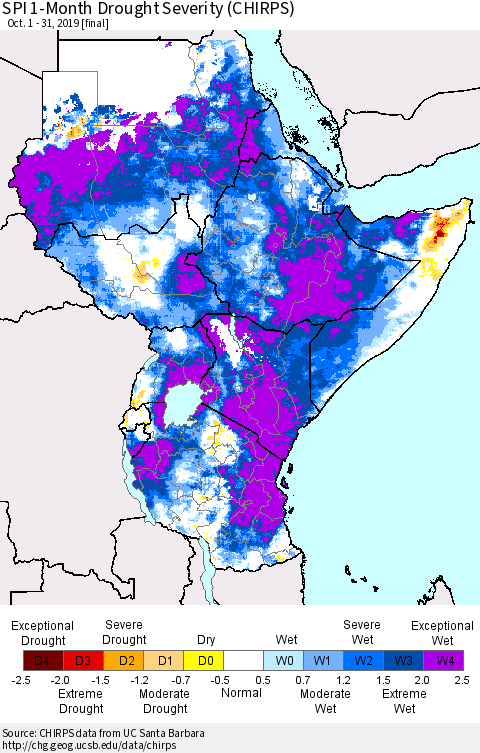 Eastern Africa SPI 1-Month Drought Severity (CHIRPS) Thematic Map For 10/1/2019 - 10/31/2019