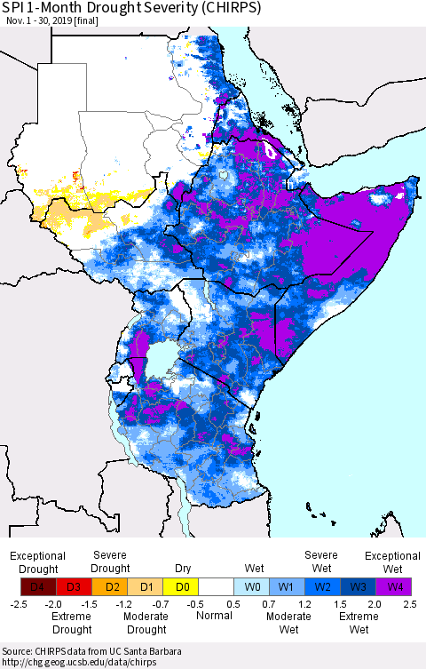 Eastern Africa SPI 1-Month Drought Severity (CHIRPS) Thematic Map For 11/1/2019 - 11/30/2019