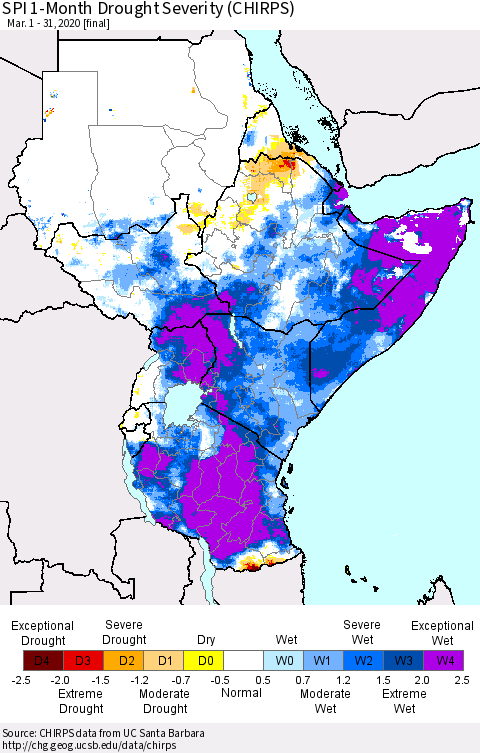 Eastern Africa SPI 1-Month Drought Severity (CHIRPS) Thematic Map For 3/1/2020 - 3/31/2020