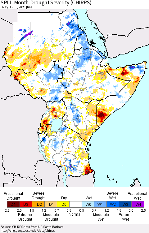Eastern Africa SPI 1-Month Drought Severity (CHIRPS) Thematic Map For 5/1/2020 - 5/31/2020