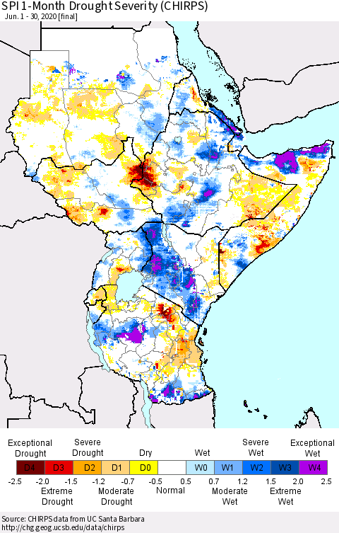 Eastern Africa SPI 1-Month Drought Severity (CHIRPS) Thematic Map For 6/1/2020 - 6/30/2020