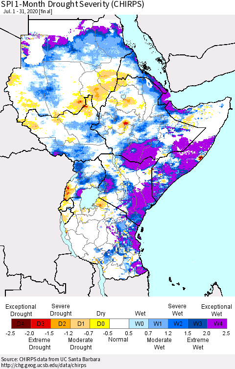 Eastern Africa SPI 1-Month Drought Severity (CHIRPS) Thematic Map For 7/1/2020 - 7/31/2020