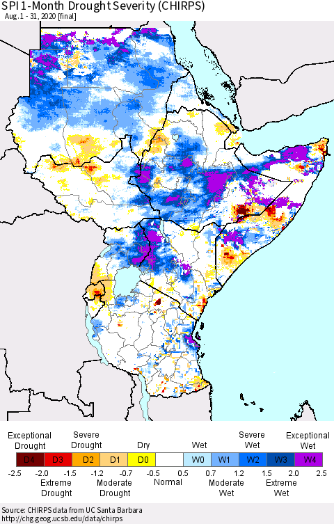 Eastern Africa SPI 1-Month Drought Severity (CHIRPS) Thematic Map For 8/1/2020 - 8/31/2020