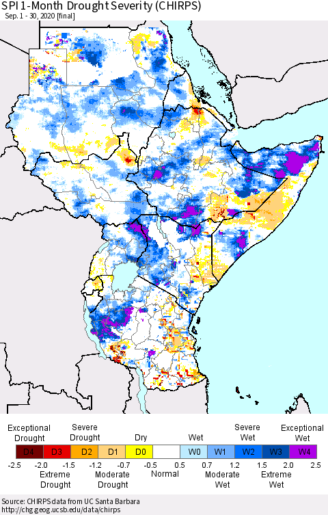 Eastern Africa SPI 1-Month Drought Severity (CHIRPS) Thematic Map For 9/1/2020 - 9/30/2020