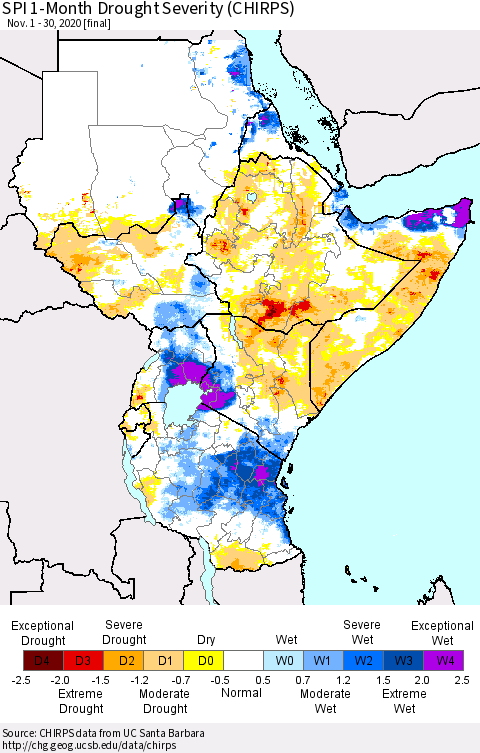 Eastern Africa SPI 1-Month Drought Severity (CHIRPS) Thematic Map For 11/1/2020 - 11/30/2020