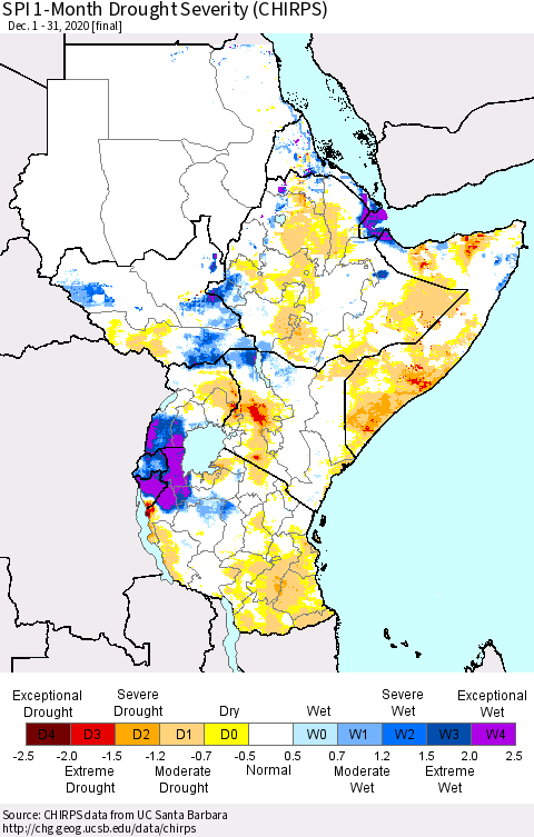 Eastern Africa SPI 1-Month Drought Severity (CHIRPS) Thematic Map For 12/1/2020 - 12/31/2020