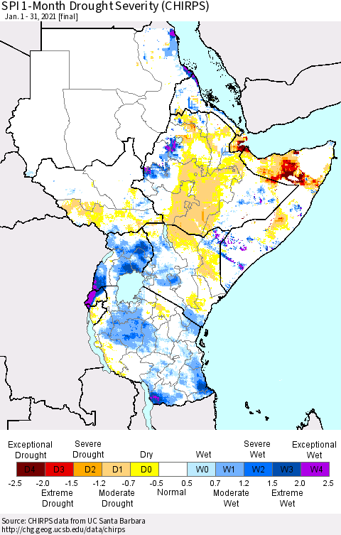 Eastern Africa SPI 1-Month Drought Severity (CHIRPS) Thematic Map For 1/1/2021 - 1/31/2021