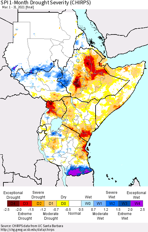Eastern Africa SPI 1-Month Drought Severity (CHIRPS) Thematic Map For 3/1/2021 - 3/31/2021