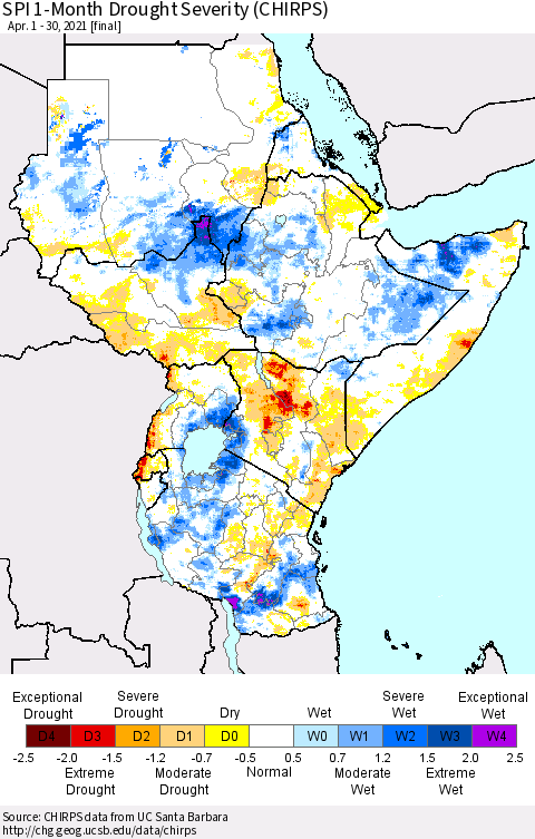 Eastern Africa SPI 1-Month Drought Severity (CHIRPS) Thematic Map For 4/1/2021 - 4/30/2021