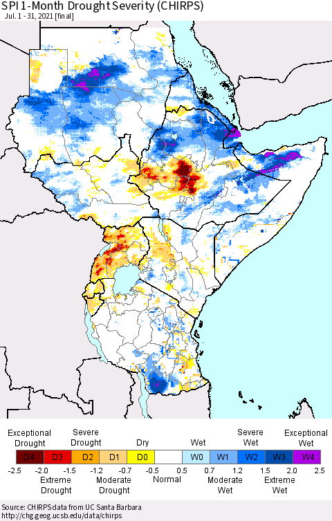Eastern Africa SPI 1-Month Drought Severity (CHIRPS) Thematic Map For 7/1/2021 - 7/31/2021