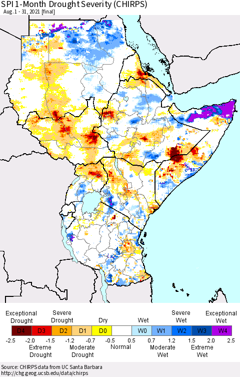 Eastern Africa SPI 1-Month Drought Severity (CHIRPS) Thematic Map For 8/1/2021 - 8/31/2021