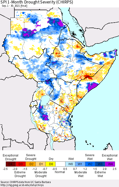 Eastern Africa SPI 1-Month Drought Severity (CHIRPS) Thematic Map For 9/1/2021 - 9/30/2021