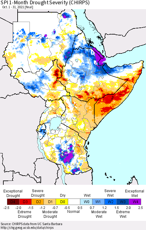 Eastern Africa SPI 1-Month Drought Severity (CHIRPS) Thematic Map For 10/1/2021 - 10/31/2021