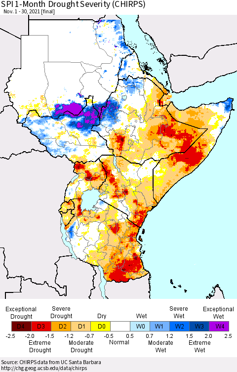 Eastern Africa SPI 1-Month Drought Severity (CHIRPS) Thematic Map For 11/1/2021 - 11/30/2021