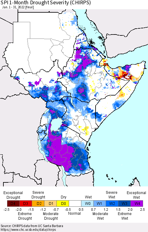 Eastern Africa SPI 1-Month Drought Severity (CHIRPS) Thematic Map For 1/1/2022 - 1/31/2022