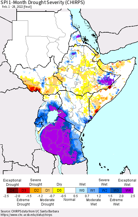 Eastern Africa SPI 1-Month Drought Severity (CHIRPS) Thematic Map For 2/1/2022 - 2/28/2022