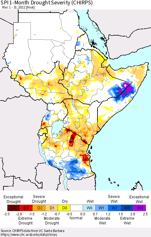 Eastern Africa SPI 1-Month Drought Severity (CHIRPS) Thematic Map For 3/1/2022 - 3/31/2022
