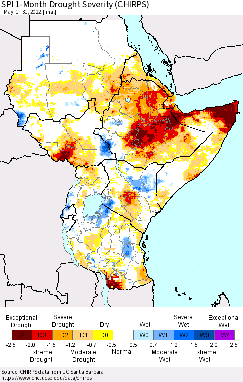 Eastern Africa SPI 1-Month Drought Severity (CHIRPS) Thematic Map For 5/1/2022 - 5/31/2022
