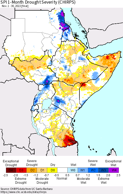 Eastern Africa SPI 1-Month Drought Severity (CHIRPS) Thematic Map For 11/1/2022 - 11/30/2022