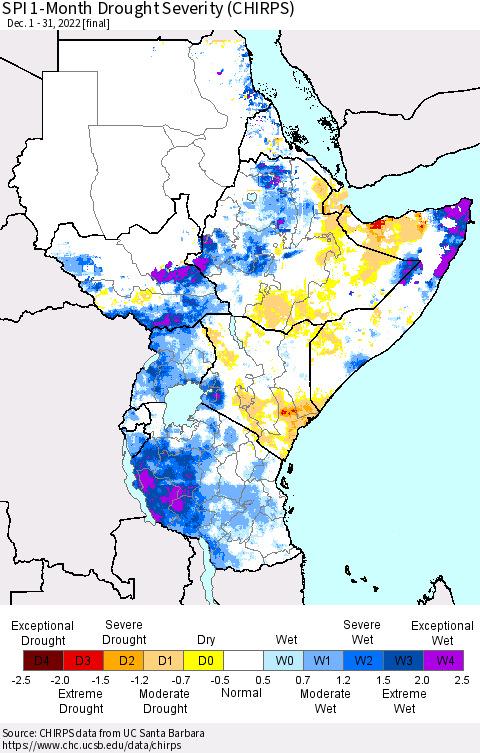 Eastern Africa SPI 1-Month Drought Severity (CHIRPS) Thematic Map For 12/1/2022 - 12/31/2022