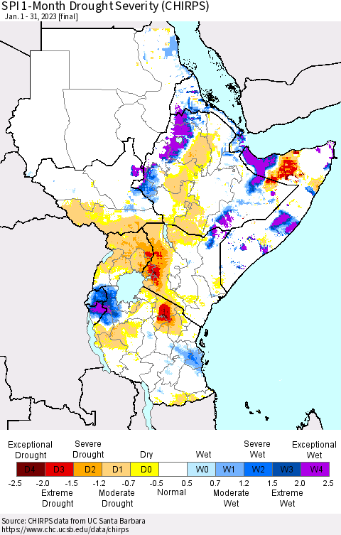 Eastern Africa SPI 1-Month Drought Severity (CHIRPS) Thematic Map For 1/1/2023 - 1/31/2023