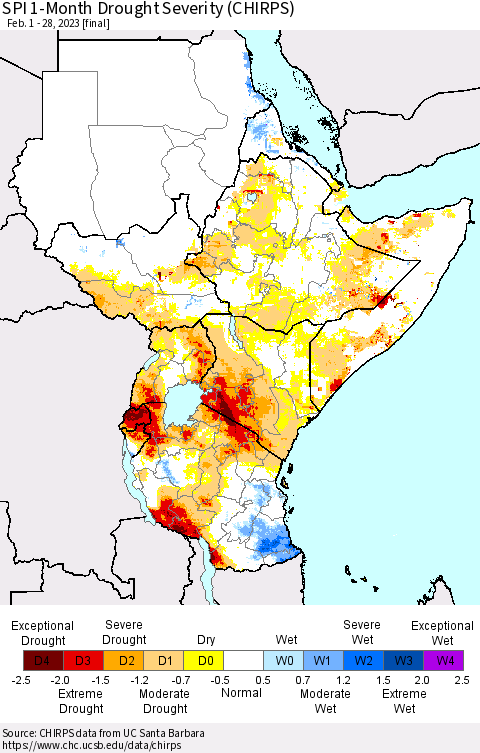 Eastern Africa SPI 1-Month Drought Severity (CHIRPS) Thematic Map For 2/1/2023 - 2/28/2023