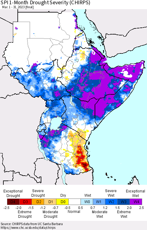 Eastern Africa SPI 1-Month Drought Severity (CHIRPS) Thematic Map For 3/1/2023 - 3/31/2023