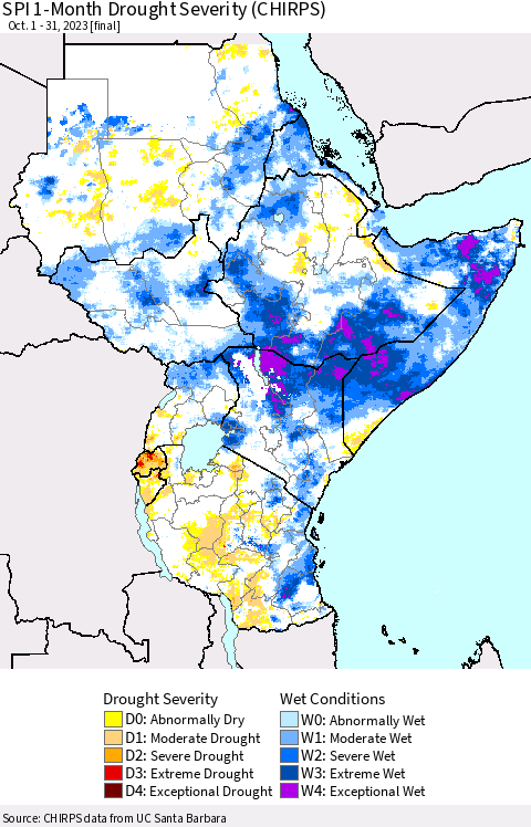 Eastern Africa SPI 1-Month Drought Severity (CHIRPS) Thematic Map For 10/1/2023 - 10/31/2023