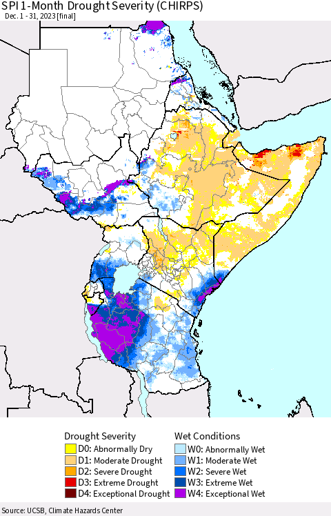Eastern Africa SPI 1-Month Drought Severity (CHIRPS) Thematic Map For 12/1/2023 - 12/31/2023