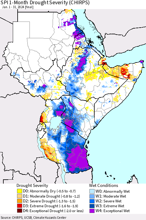 Eastern Africa SPI 1-Month Drought Severity (CHIRPS) Thematic Map For 1/1/2024 - 1/31/2024