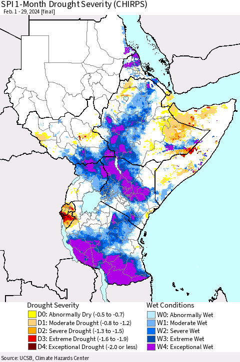 Eastern Africa SPI 1-Month Drought Severity (CHIRPS) Thematic Map For 2/1/2024 - 2/29/2024