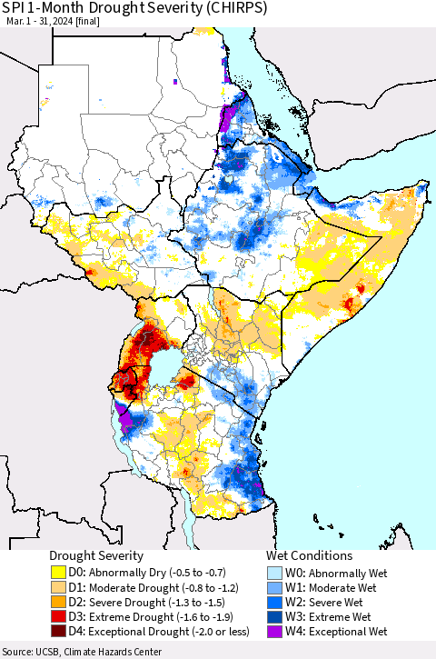 Eastern Africa SPI 1-Month Drought Severity (CHIRPS) Thematic Map For 3/1/2024 - 3/31/2024